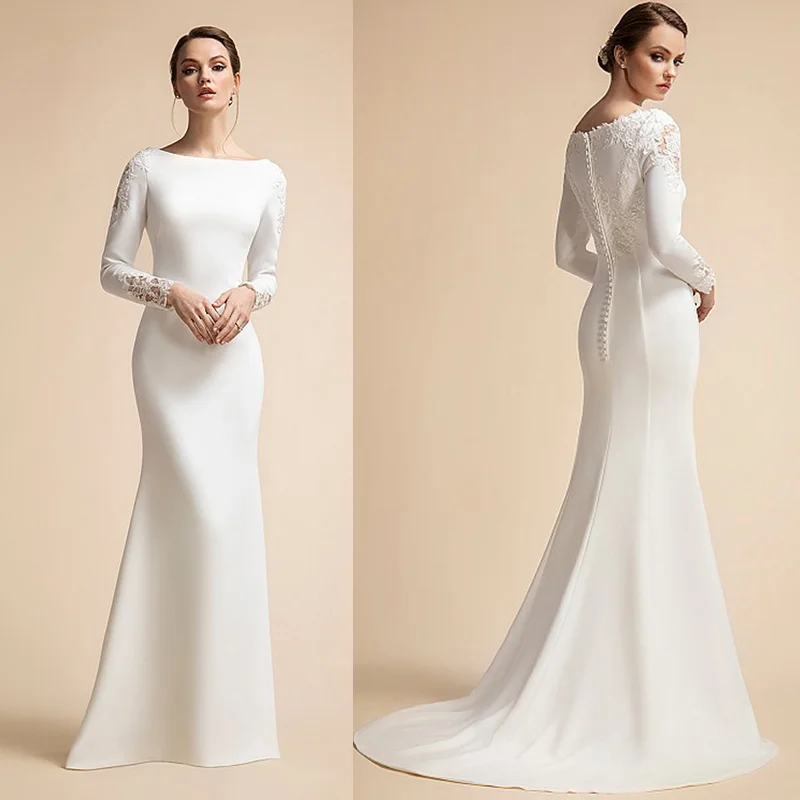 Top Trends: Simple Mermaid Button Wedding Dresses Long Sleeves Ivory Muslim Bridal Gowns For Bride Satin Lace Vestidos De Novia 2023 Shoppable Styles