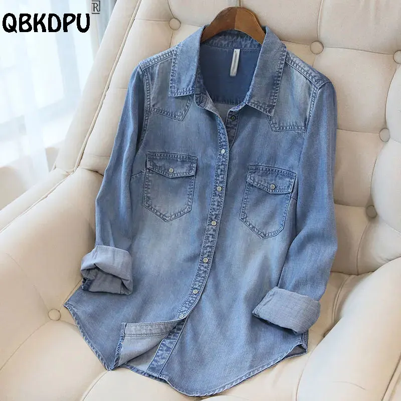 Top Trends: Classical Wash Short Denim Shirts Women 2023 Spring Polo Collar Basic Soft Thin Jean Blouses Casual Pocket Work Blusas Lady Shoppable Styles