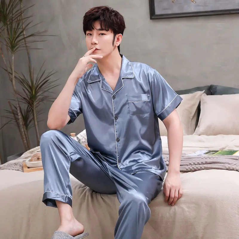 Top Trends: Men Pajama Sets Silk Satin Pijama Turn-down Collar Sleepwear Long Sleeve Spring Nightwear Male 2 Pieces Sets Homewear Shoppable Styles - Image 4