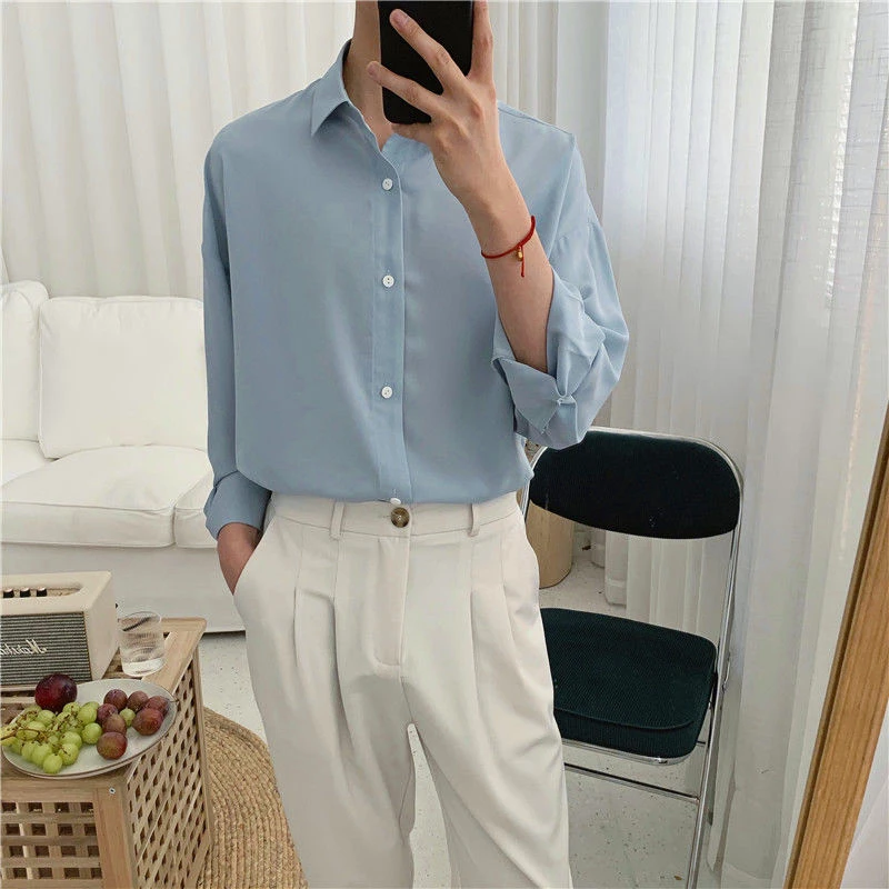 Top Trends: 2023 Spring New Shirt Men Blue Simple Silk Shirt Long Sleeve Solid Color Loose Casual Fashion Designer Men Dress Shirt Blouses Shoppable Styles