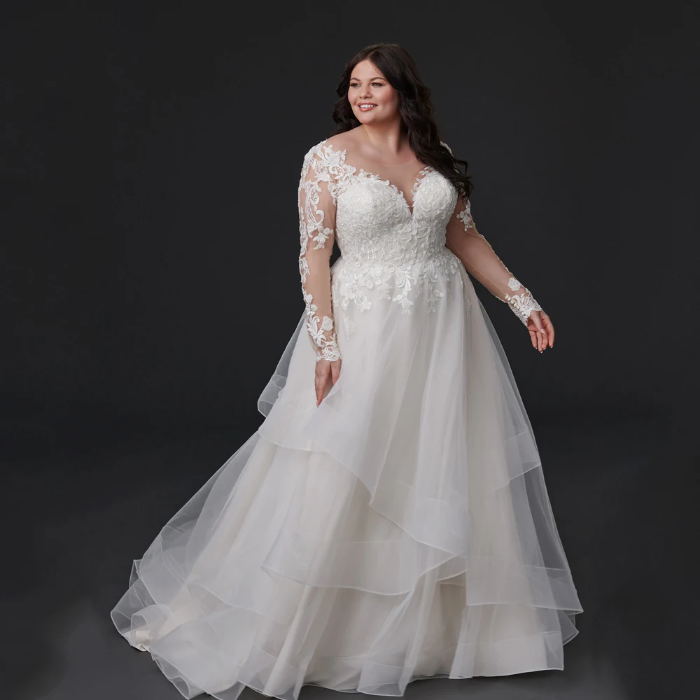 Top Trends: Classic V Neck Wedding Dresses Plus Size Long Sleeve A-Line Bride Gowns Applique Back Button Tiered Sweep Train Vestido De Noiva Shoppable Styles