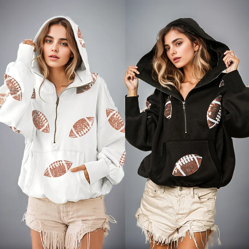 Top Trends: Women Game Day Sequin Hoodie Rugby Sequined Hoodie Zipper Drawstring Gameday Sunday Funday Sweatshirt Top Shoppable Styles