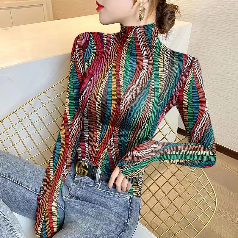 Top Trends: Women&#039;s Pullover Half High Neck Striped Bottom Shirt 2023 Autumn And Winter New Vintage Printing Long Sleeve T-shirt Slim Tops Shoppable Styles