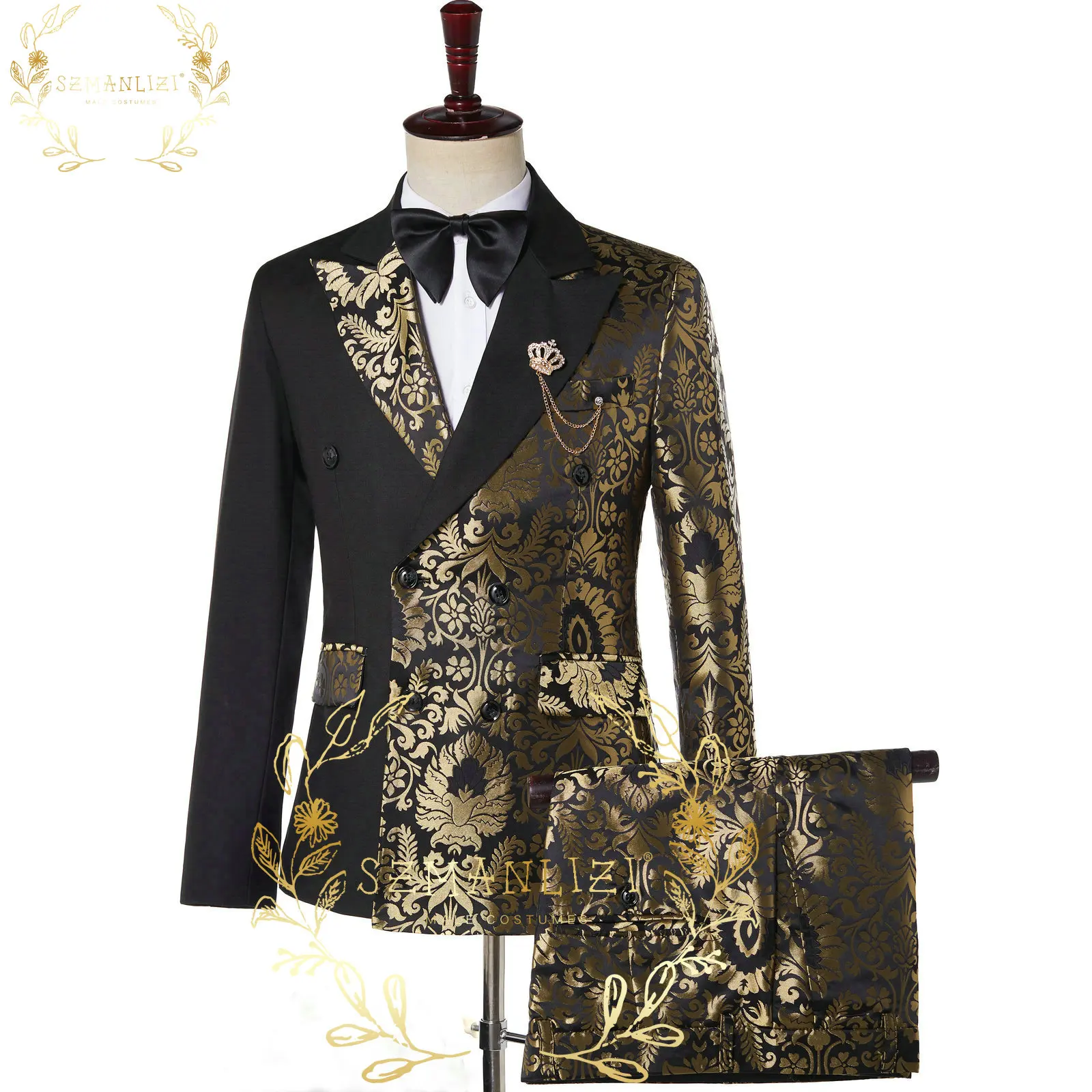 Top Trends: SZMANLIZI Double Breasted Black Gold Floral Jacquard Slim Fit Mens Suits Wedding Groom Tuxedos Party Jacket Pant Terno Masculino Shoppable Styles