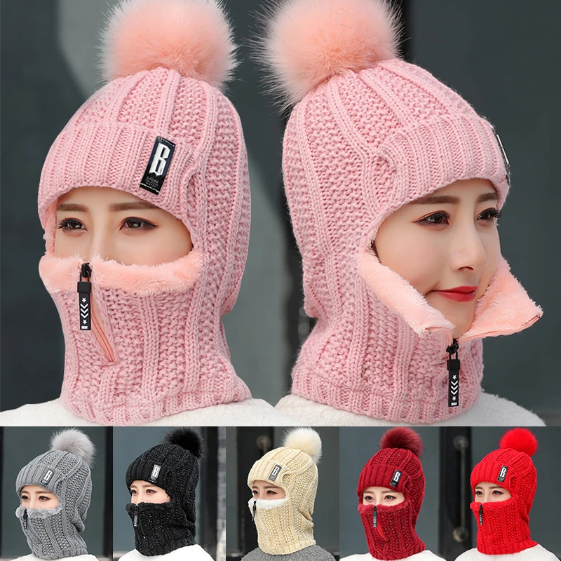 Top Trends: Coral Fleece Women Knitted Hats Add Fur Warm Winter Hats For Women With Zipper Scarf Keep Face Warmer Balaclava Pompoms Cap Shoppable Styles