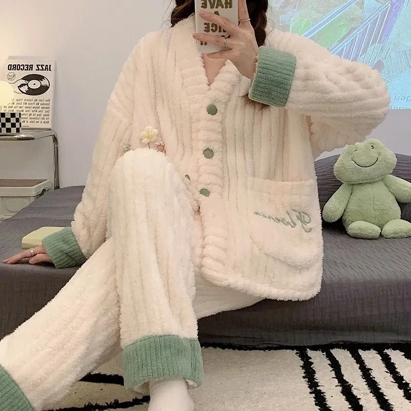 Top Trends: Winter Warm Flannel Pajamas Set Women Pyjamas Sets Pijamas Long Sleeved Trousers Cute Soft Home Wear Clothes For Women Shoppable Styles