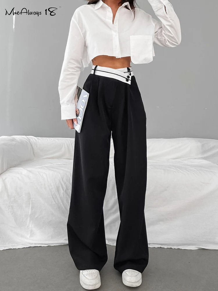 Top Trends: Mnealways18 Patchwork Wide Leg Pants Women Black Contrast Casual High Waist Pants Spring Summer 2024 Baggy Trouser Office Ladies Shoppable Styles