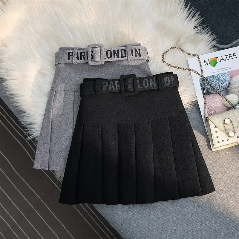 Top Trends: HOUZHOU Winter Pleated Mini Skirt Women Korean Fashion Letter Printed Belt High Waist Slim A-line Woolen School Skirt Streetwear Shoppable Styles