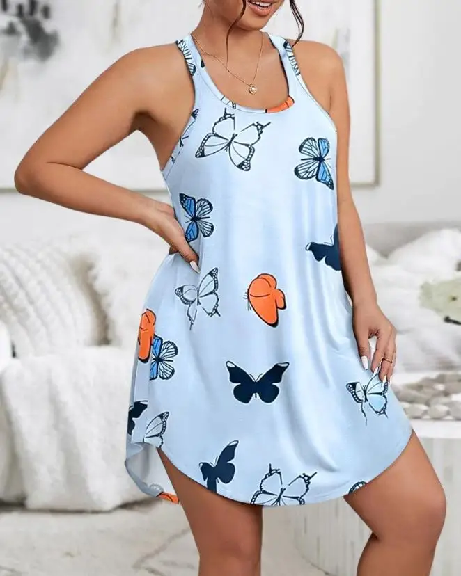 Top Trends: 2023 Summer New Casual Women's Nightwear Fashion Sexy Comfortable Round Neck Plus Size Butterfly Print Sleeveless Sleep Dress Shoppable Styles