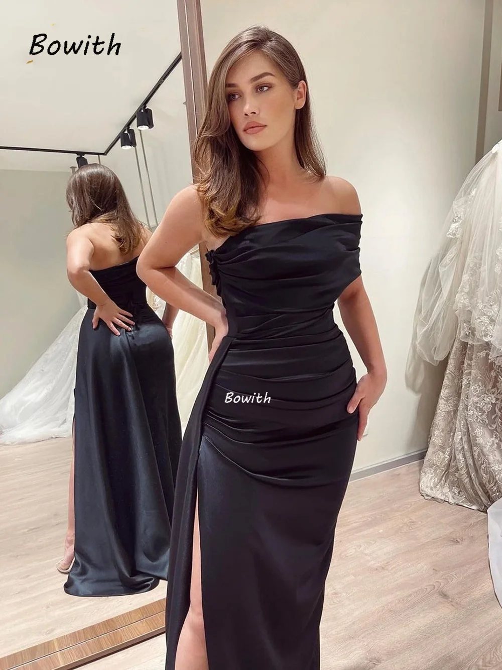 Top Trends: Bowith Satin Formal Evening Party Women Dresses Pleats With Side Train Draped High Slit Prom Dress Elegant Party Gown Wedding Shoppable Styles - Image 2