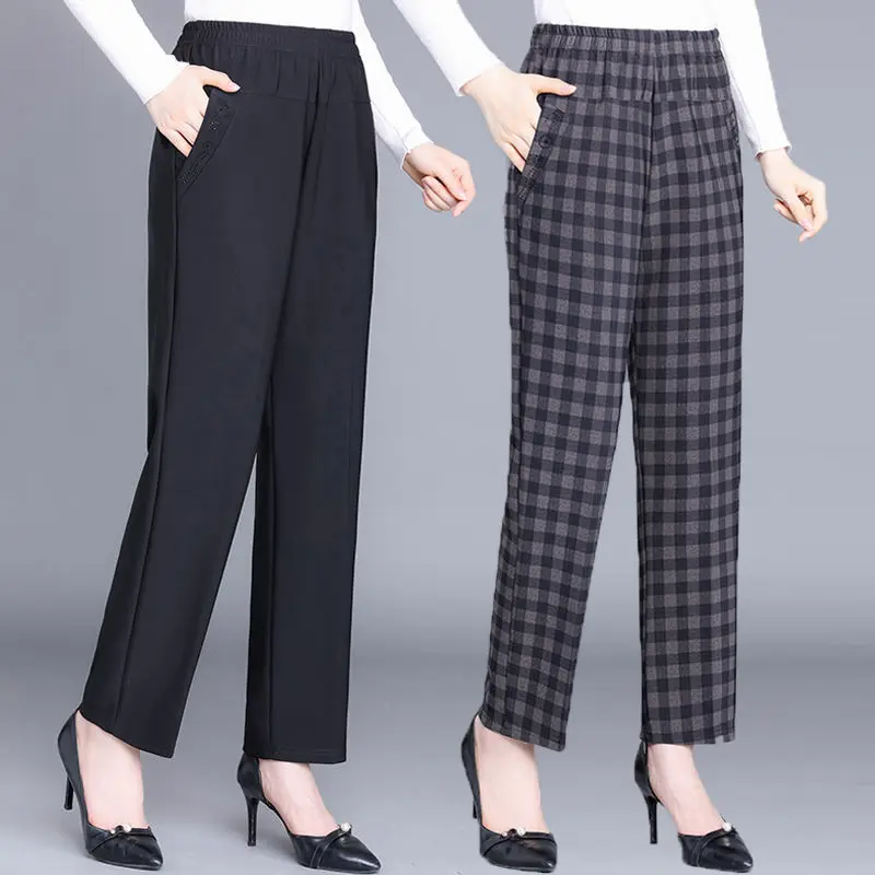 Top Trends: All-match Vintage Patchwork Fashion Plaid Straight Pants Spring Autumn High Waist Elastic Loose Women Casual Wide Leg Trousers Shoppable Styles