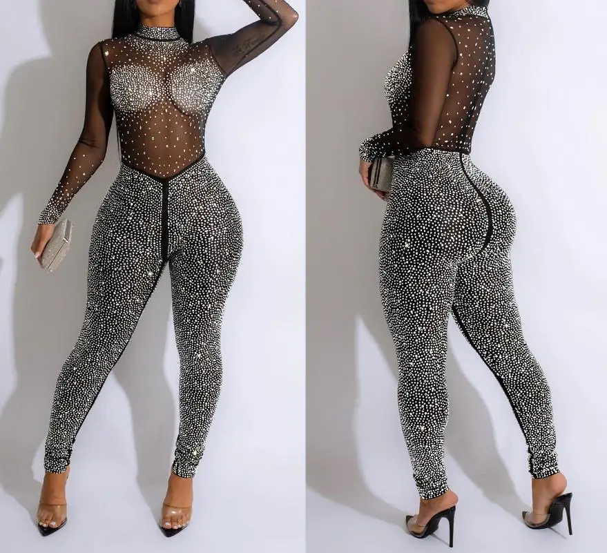 Top Trends: Sexy Women's Jumpsuit 2023 Nightclub Women's Clothing Solid Color Mesh Hot Drill Long-Sleeved See-Through Trousers Jumpsuit Shoppable Styles