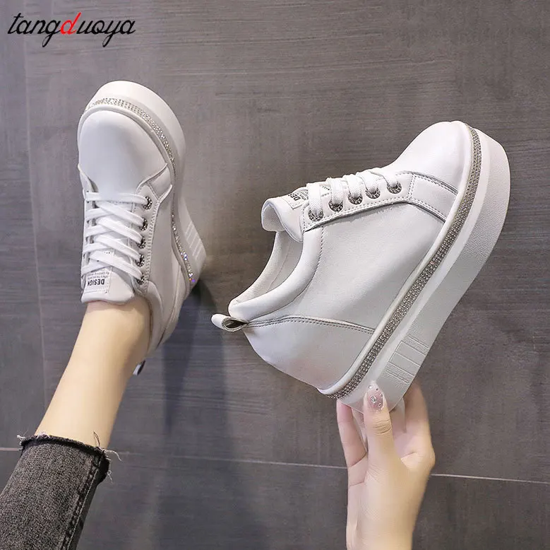 Top Trends: Rhinestones White Platform Sneakers Women Casual Shoes Wedge Platform Hidden Heels Comfortable Ladies Sneakers Women Shoes 2023 Shoppable Styles