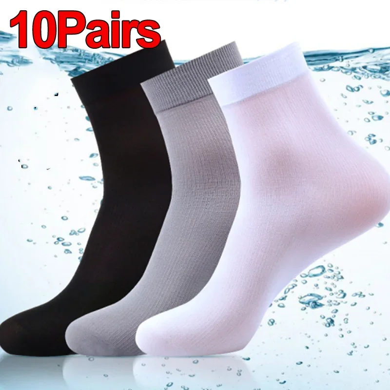 Top Trends: 10Pairs Men Socks Summer Ultra-thin Stripe Breathable Socks Ice Silk Bamboo Fiber Antibacterial Solid Business Men Long Socks Shoppable Styles