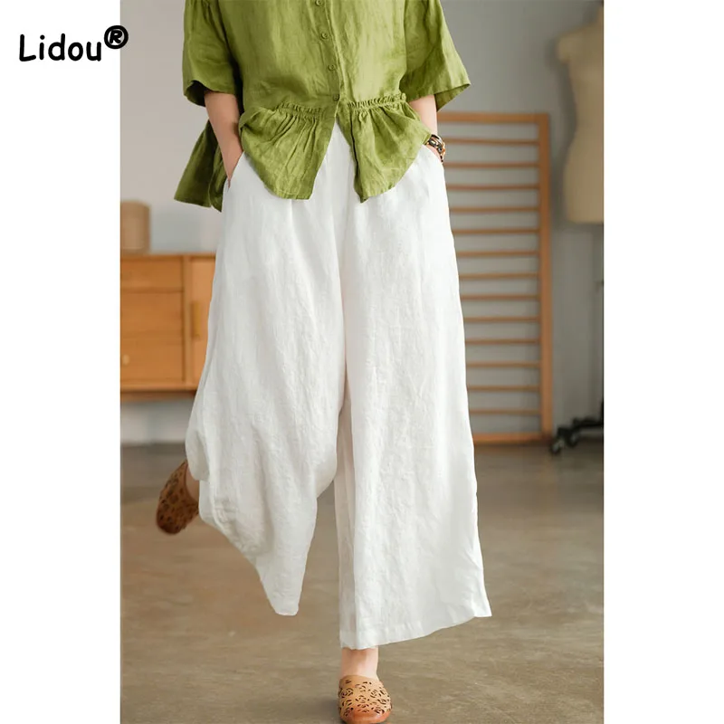 Top Trends: Casual Simplicity Summer Solid Color Wide Leg Pants Stylish Women's Clothing Elastic Waist Pockets Loose Vintage Cropped Pants Shoppable Styles