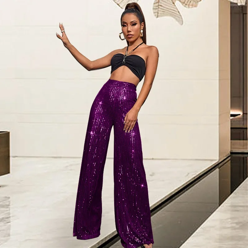 Top Trends: Women Sequin Flare Pants High Waist Sparkle Glitter Wide Leg Loose Pants Trousers Party ClubwearC Champagne Sparkle Streetwear Shoppable Styles - Image 3