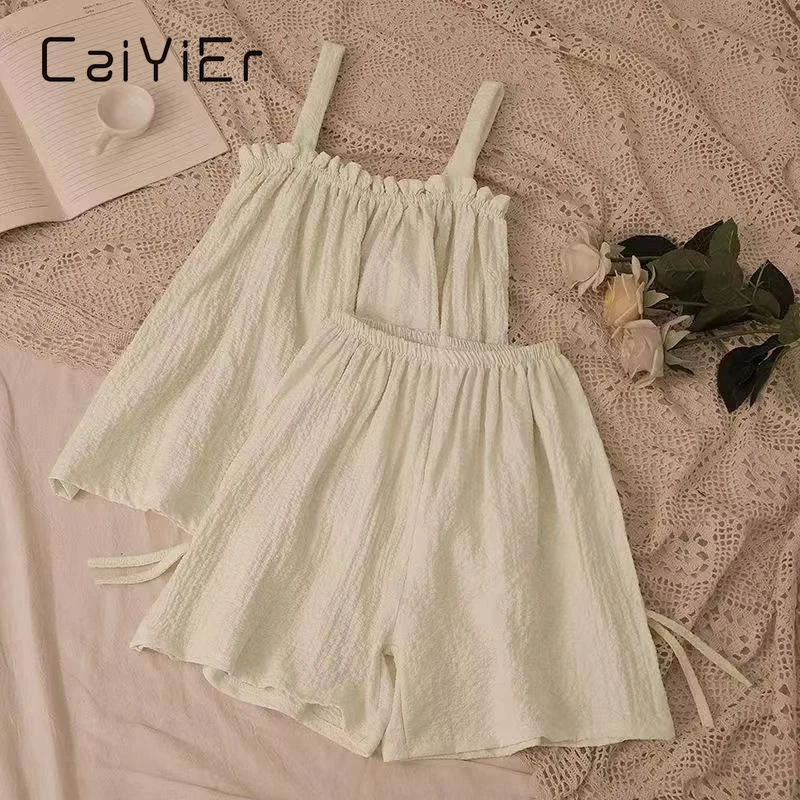 Top Trends: CAIYIER New Summer Sweet Korean Girls Pajamas Set Gauze Cotton Kawaii Sleepwear For Women Sexy Lingerie Vest Top Shorts Homewear Shoppable Styles