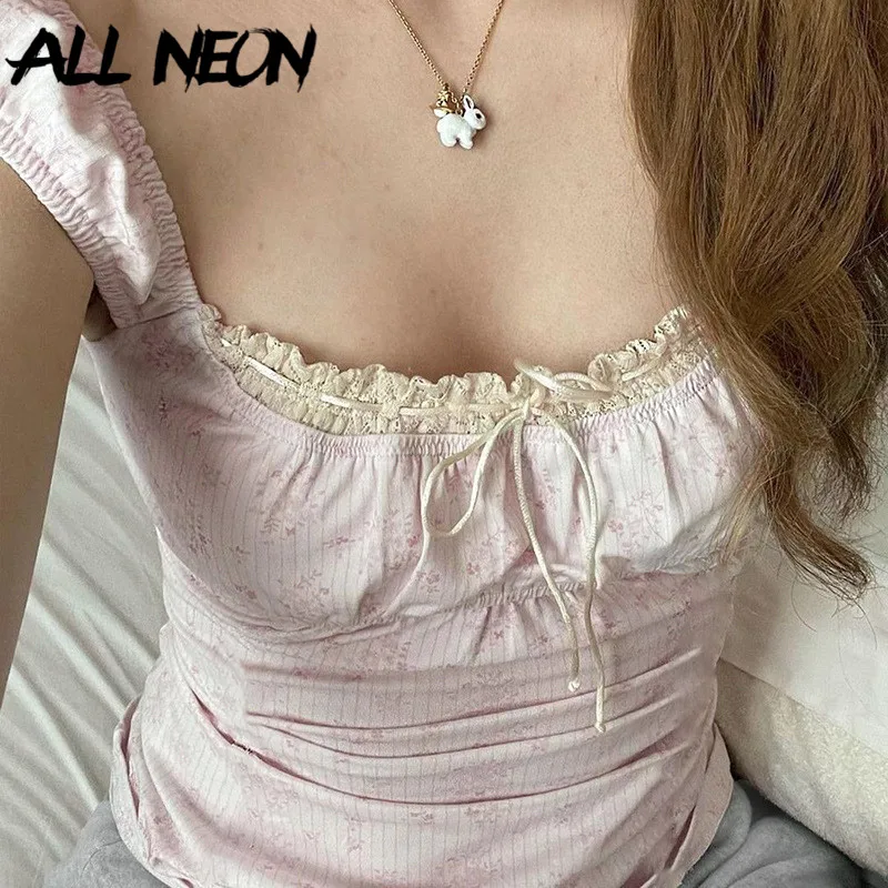 Top Trends: ALLNeon Coquette Aesthetic Y2K Floral Print Patchwork Lace Trim Babydoll Tops Cute Vintage Drawstring Square Neck Pink T-shirts Shoppable Styles