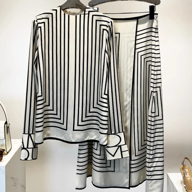 Top Trends: Chiffon Shirt + Skirt Women's Matching Sets Summer Striped Slim 2023 New Long Sleeve Suit O-Neck Elegant Clothing YCMYUNYAN Shoppable Styles