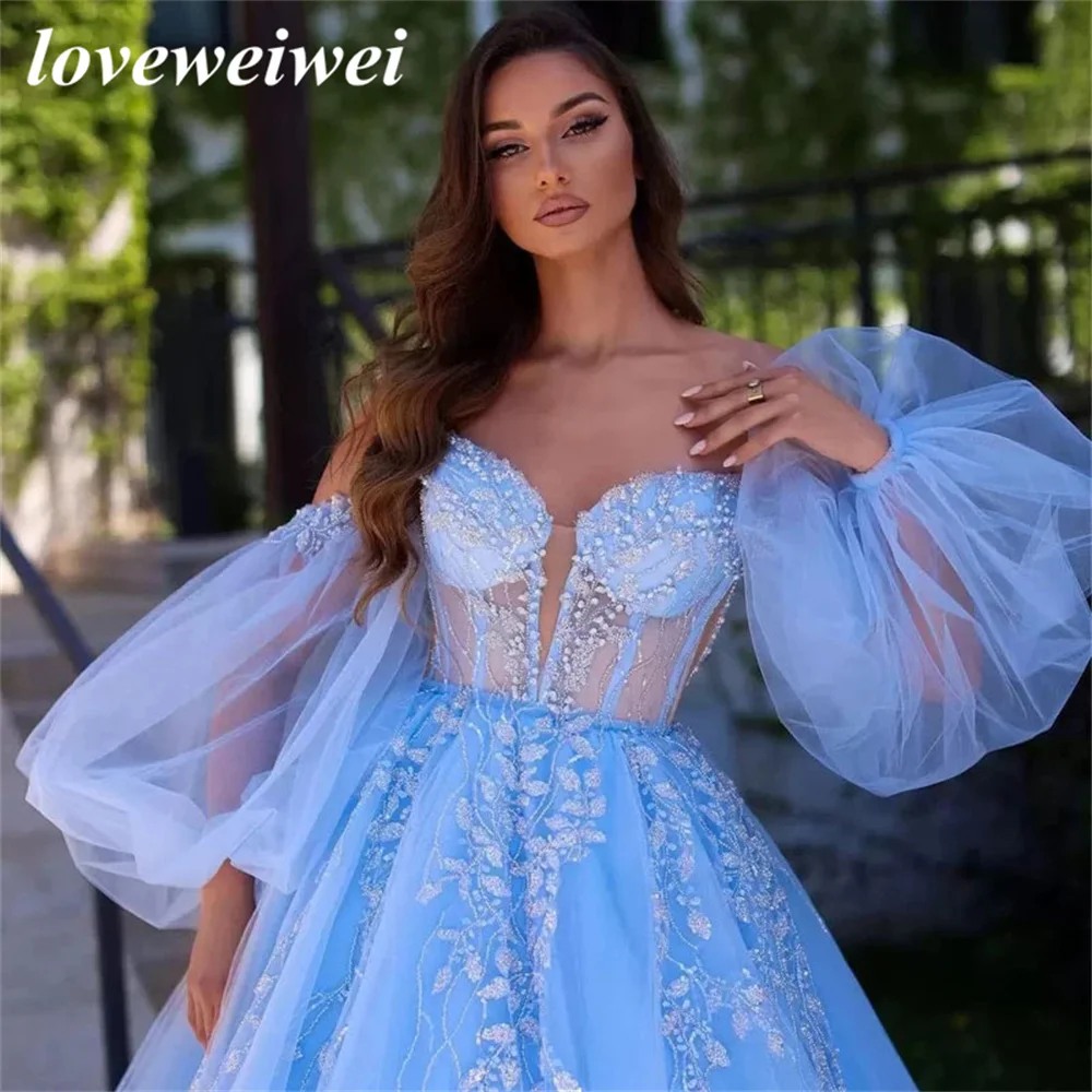 Top Trends: Charming Sky Blue Shiny Appliques Beaded Prom Dress Detachable Puff Sleeves Tulle Ball Gowns Corset Princess Evening Gown Dress Shoppable Styles - Image 3