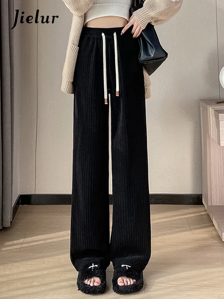 Top Trends: Jielur Winter Loose Black Straight Thick Wide Leg Pants New Pure Color High Waist Casual Fashion Female Streetwear Simple Pants Shoppable Styles