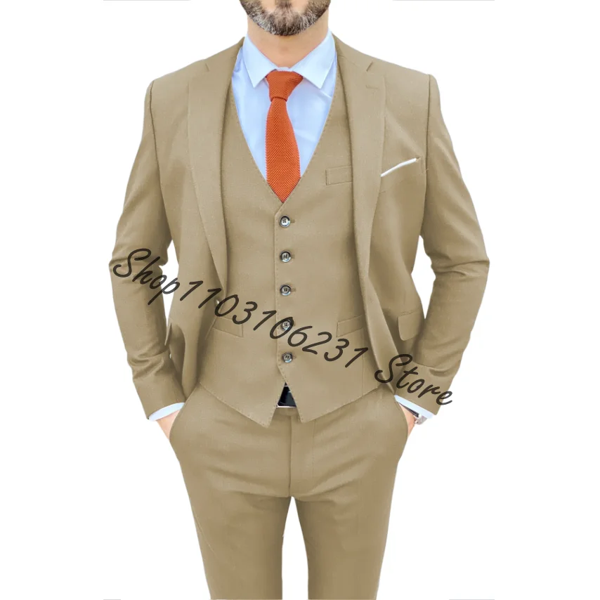 Top Trends: High Quality Men Suits Beige 3 Pieces Slim Fit Suits For Wedding Prom Party Formal Male Suits Blazer Vest Pants Costume Homme Shoppable Styles