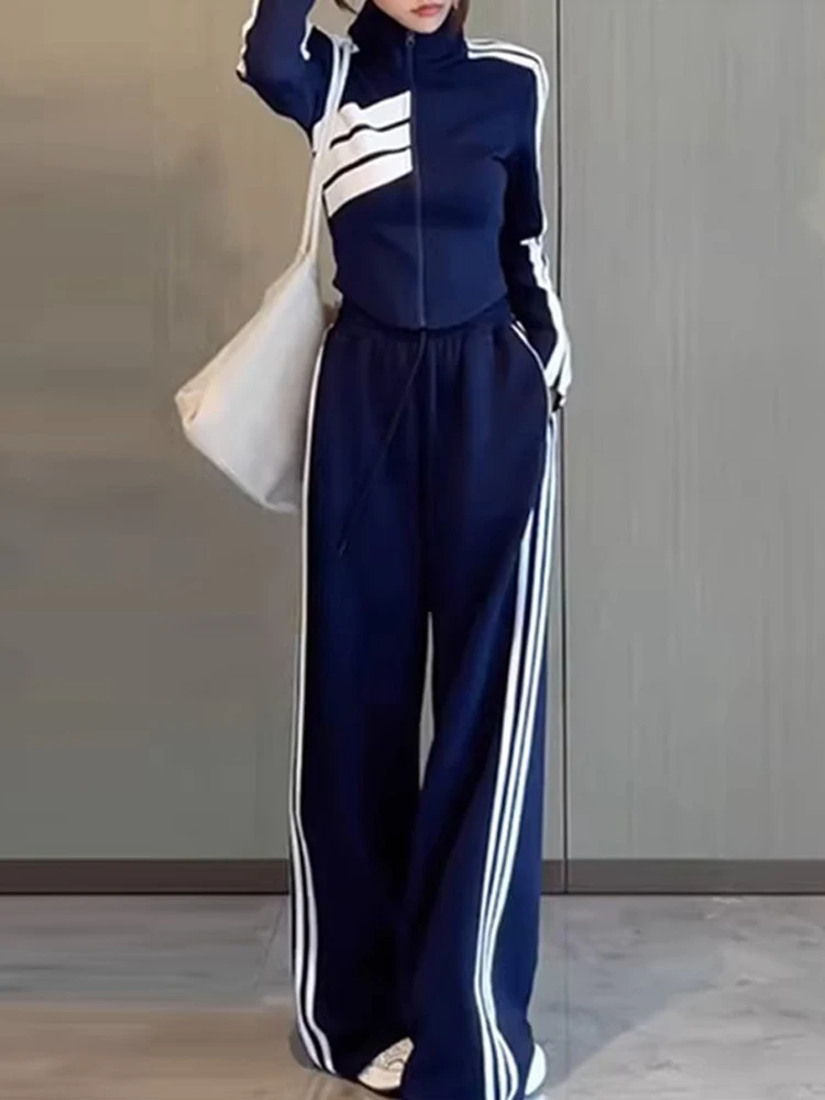 Top Trends: Striped Sports Set Women's Autumn / Winter 2023 Fashion Contrast Color Zipper Coat Long Sleeve Casual Wide Leg Pants Two Piece Set Shoppable Styles