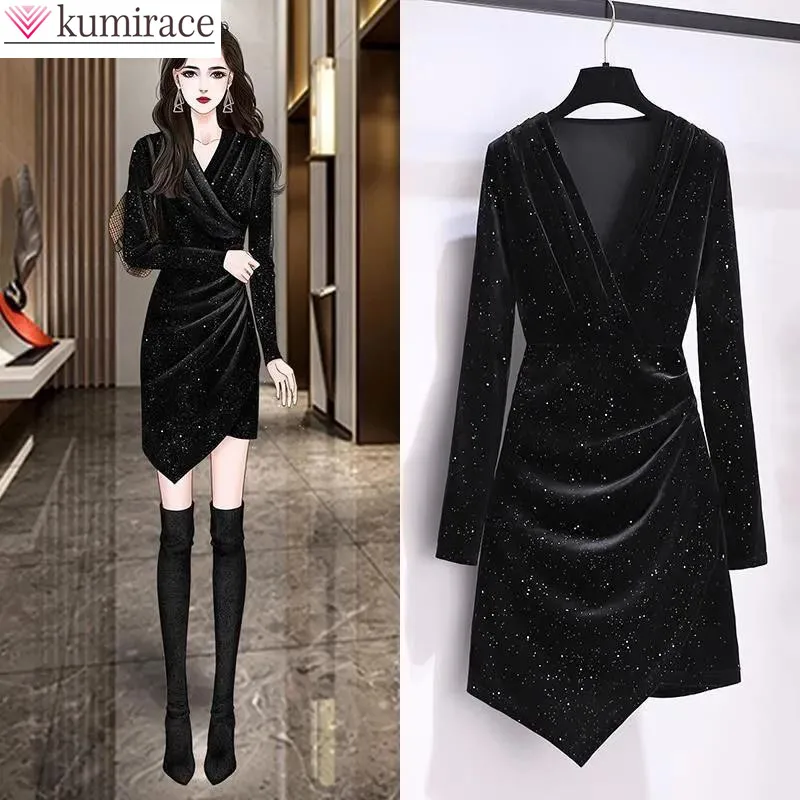 Top Trends: Korean Popular Autumn Style Starry Sky Polka Dot Pleated Korean Velvet Mini Dress Elegant Women Party Dresses Slim Short Robe Shoppable Styles