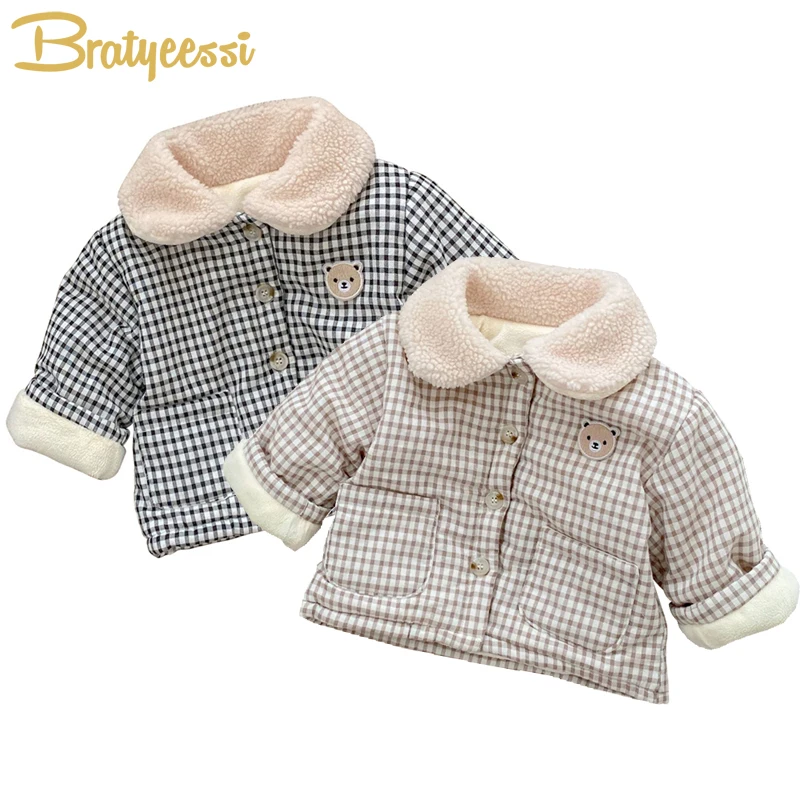 Top Trends: Winter Baby Jackets Korean Plaid Bear Kids Coats For Girls Boys Fleece Lining Cotton-padded Children Outerwear Clothing Shoppable Styles