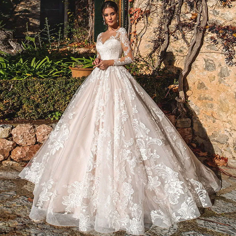 Top Trends: Ramanda Exquisite Lace Appliques Ball Gown Long Sleeves Wedding Dress For Bride Buttons Illusion Back Court Train Bridal Gown Shoppable Styles