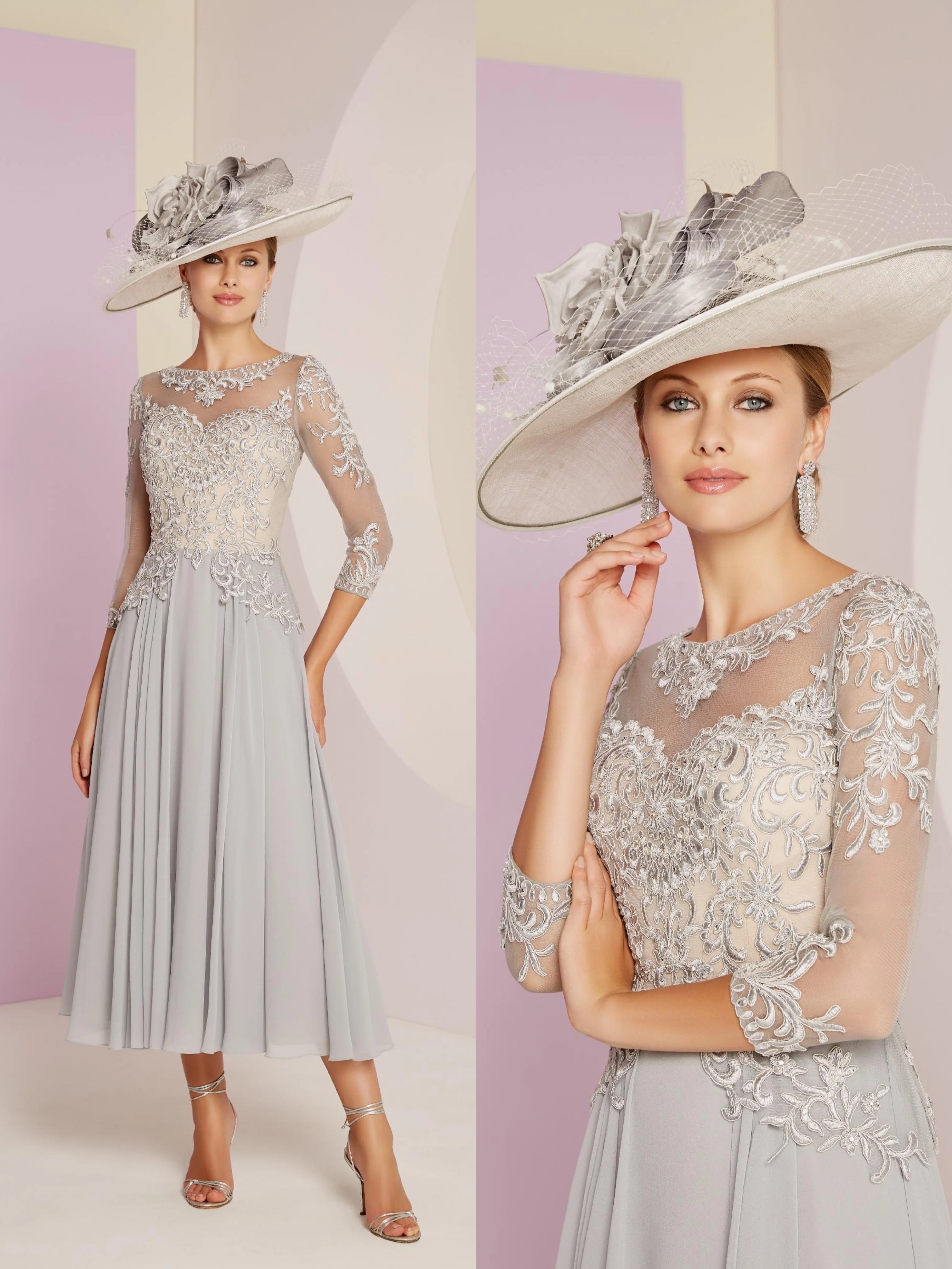 Top Trends: Gray Mother Of The Bride Dresses O Neck A Line Lace Chiffon Tea Length 3 / 4 Long Sleeves Applique Elegant Mother Gowns 2022 New Shoppable Styles