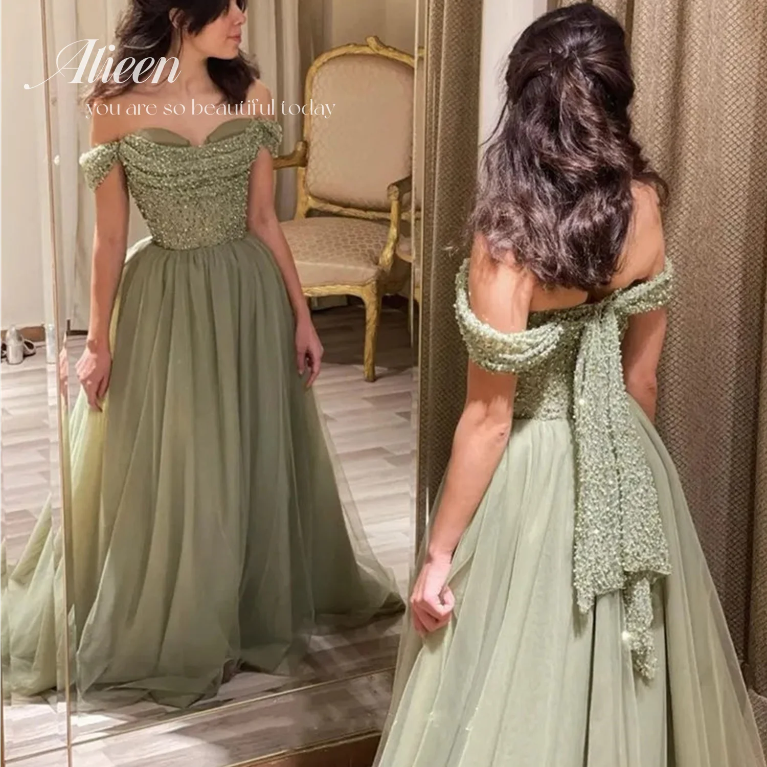 Top Trends: Aileen Green Prom Dress For Women A-word Handmade Sequins Luxury Woman Party Dress Party Evening Elegant Luxury Celebrity Robe Shoppable Styles