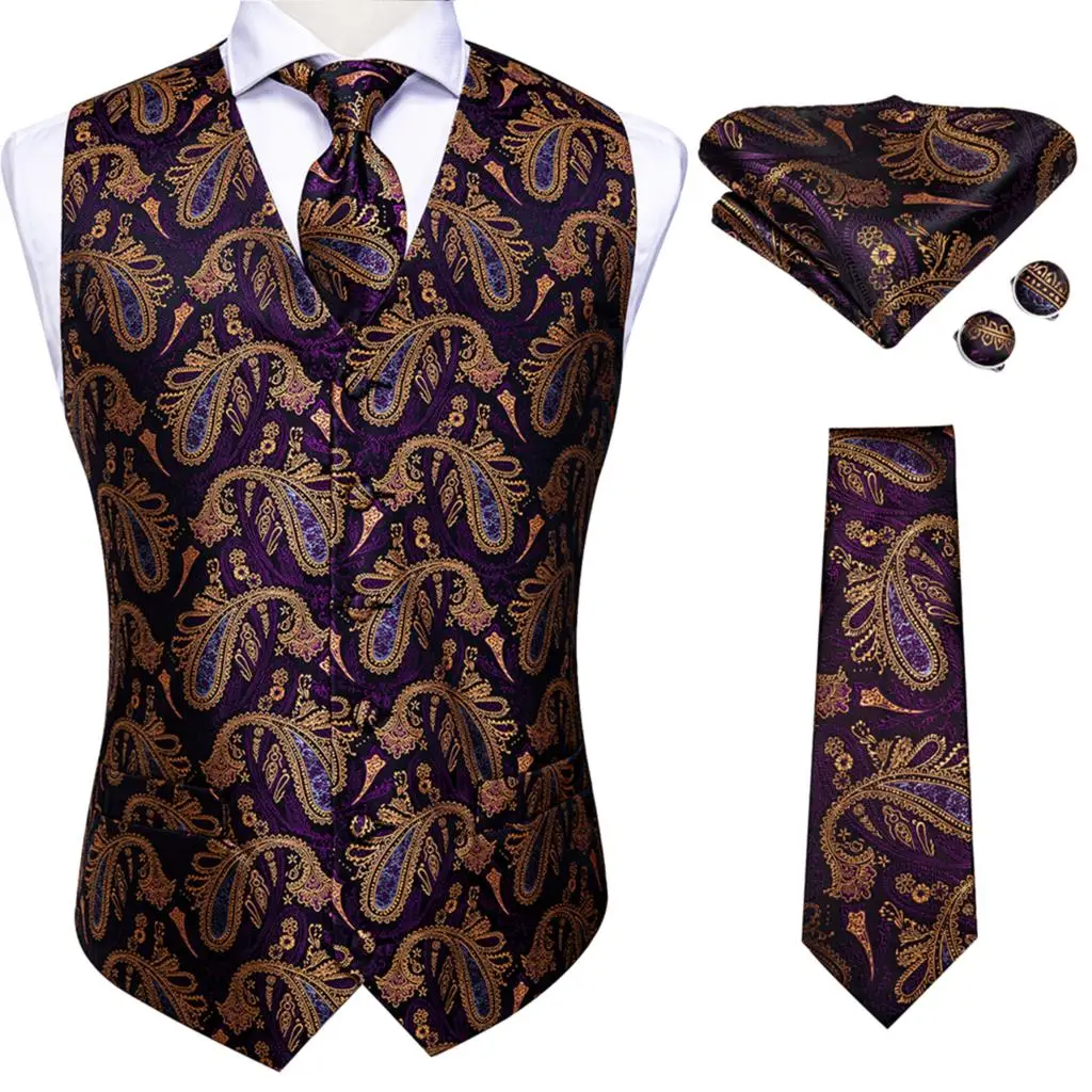 Top Trends: Purple Gold Silk Mens Vest Tie Set Jacquard Paisley Sleeveless Jacket Suit Waistcoat Necktie Hanky Cufflinks Wedding Business Shoppable Styles - Image 3