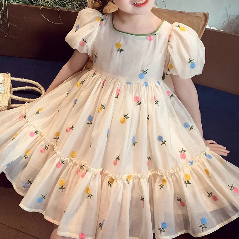 Top Trends: Girls Princess Dress Summer Beige Elegant Princess Dress With Green Bow Kids Birthday Party Clothes 4-10 Years Old Shoppable Styles - Image 3