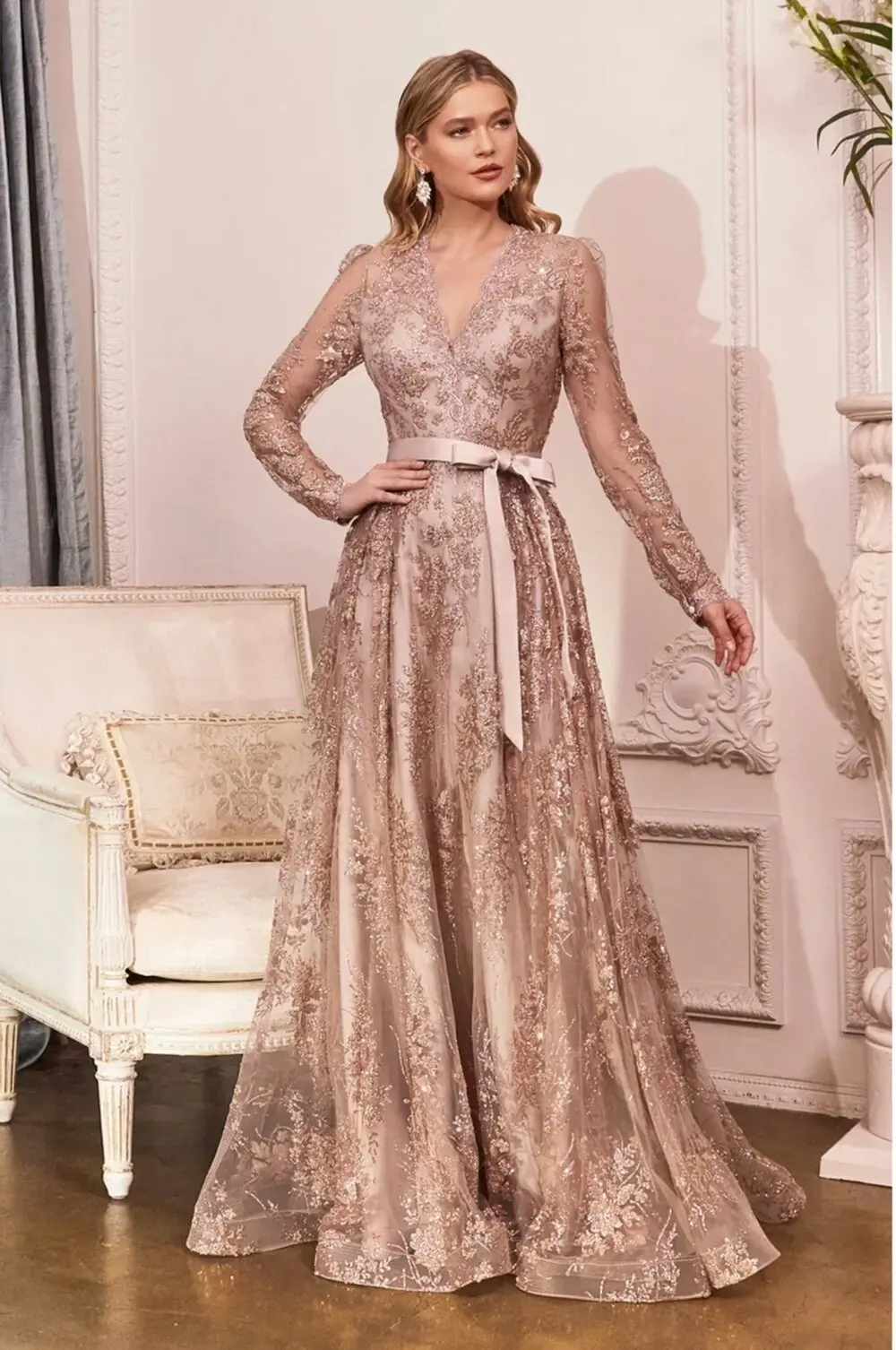 Top Trends: Elegant Rose Gold Mother Of The Bride Dresses Bow Belt V-Neck Illusion Long Sleeve A-Line And Floor Length Banquet Mom Gowns Shoppable Styles