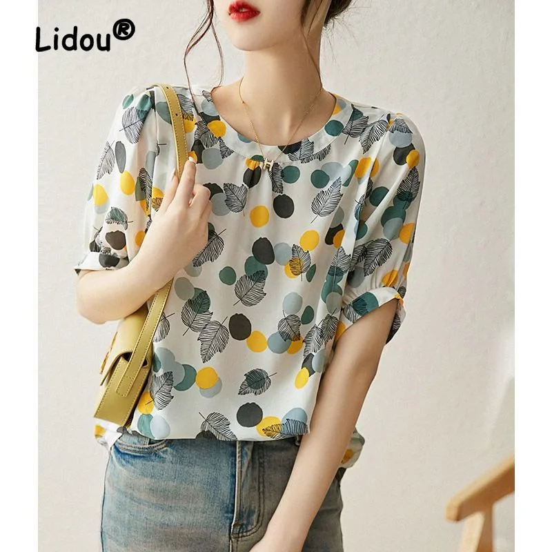 Top Trends: Fashion Printing Summer Loose Unique Sense Of Design Blouse Women New Classic Half Sleeve Slim O-collar Office All-match Shirt Shoppable Styles