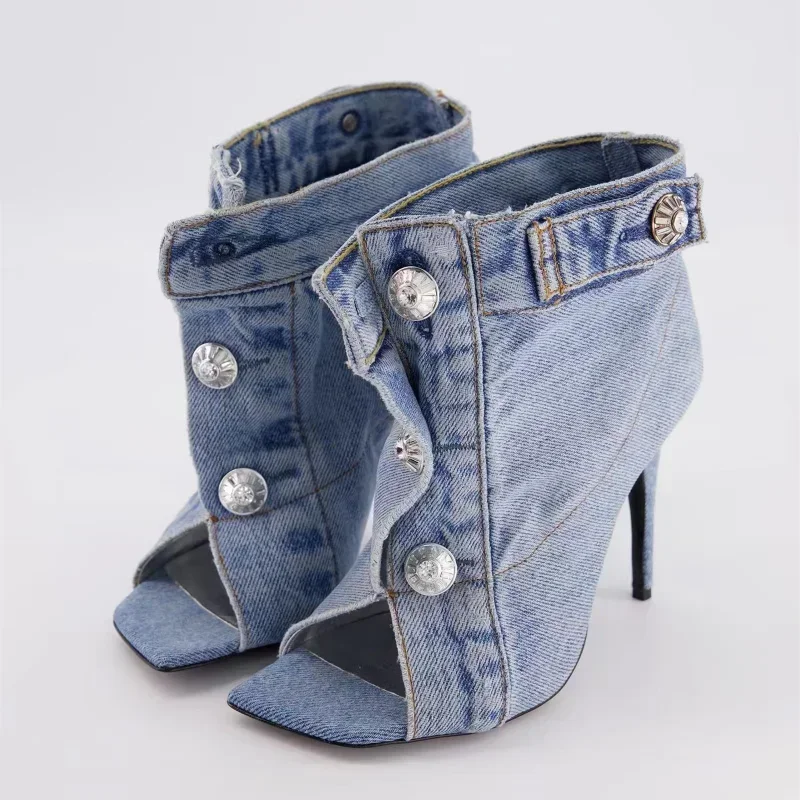 Top Trends: 2023 Women's Summer European And American Vintage Denim Slim High Heel Button Sandals Fashion New Open Teeth Large Size Sandals Shoppable Styles