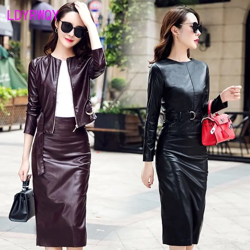 Top Trends: Leather Dress Set Women&#039;s 2023 Spring Dress New Western Style Celebrity Temperament Slim Wrap Hip Dress Two Piece Set Shoppable Styles