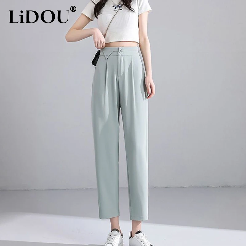 Top Trends: 2023 Spring Summer New Fashion High Waist Solid Color Ankle Length Pants Women All-match Zipper Pockets Thin Style Haren Pants Shoppable Styles