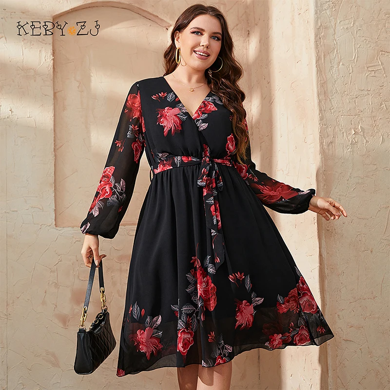 Top Trends: KEBY ZJ Plus Size Floral Print V Neck Midi Belted Dress Women Casual Spring Fall Long Sleeve Elegant Vintage A-Line Dresses 2022 Shoppable Styles