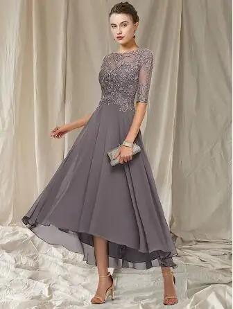 Top Trends: Elegant A-Line Mother Of The Bride Dress Jewel Neck Asymmetrical Ankle Length Chiffon Lace Half Sleeve With Pleats Appliques Shoppable Styles