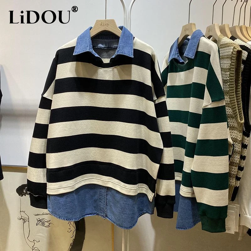 Top Trends: 2023 Spring Autumn New Turn-down Collar Fashion Long Sleeve Sweatshirts Women Striped Contrast Color Fake Two Pieces Pullovers Shoppable Styles