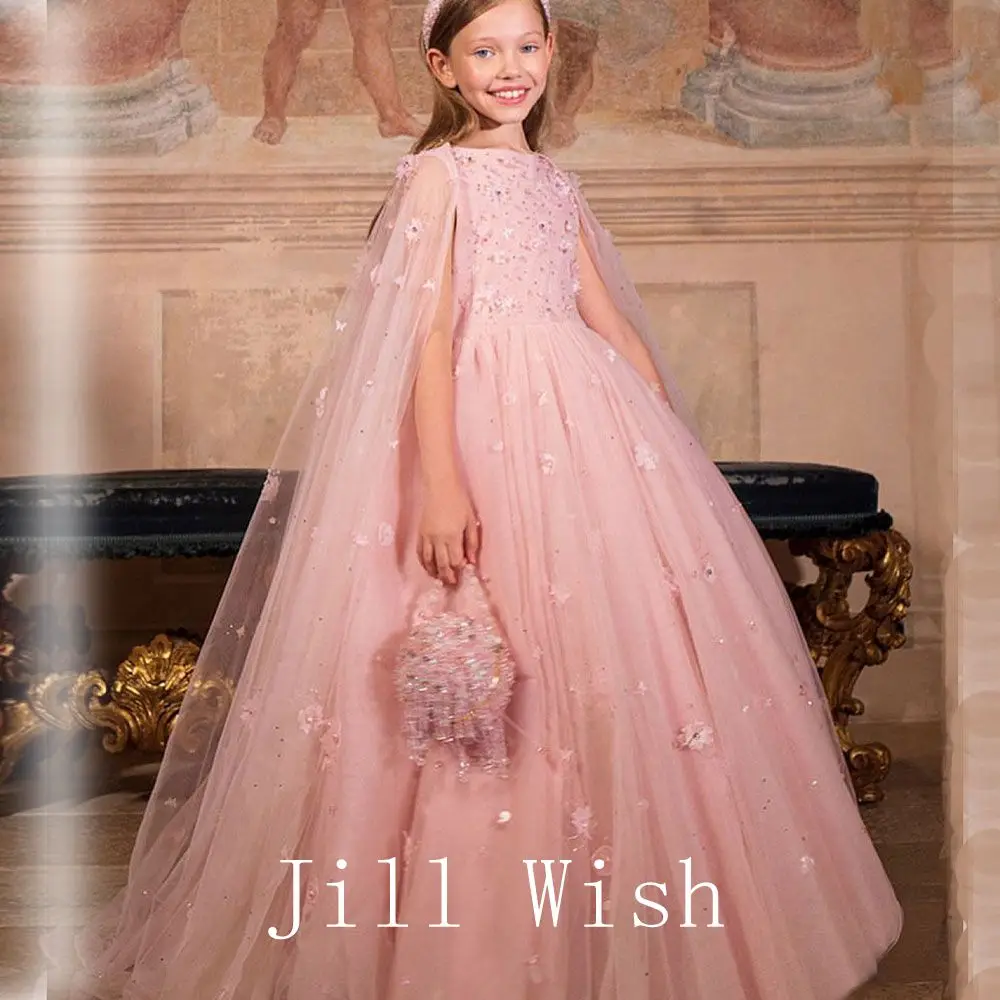 Top Trends: Jill Wish Luxury Arabic Pink Flower Girl Dress With Cape Flowers Beads Dubai Wedding Birthday Party Princess Kids Ball Gown J112 Shoppable Styles