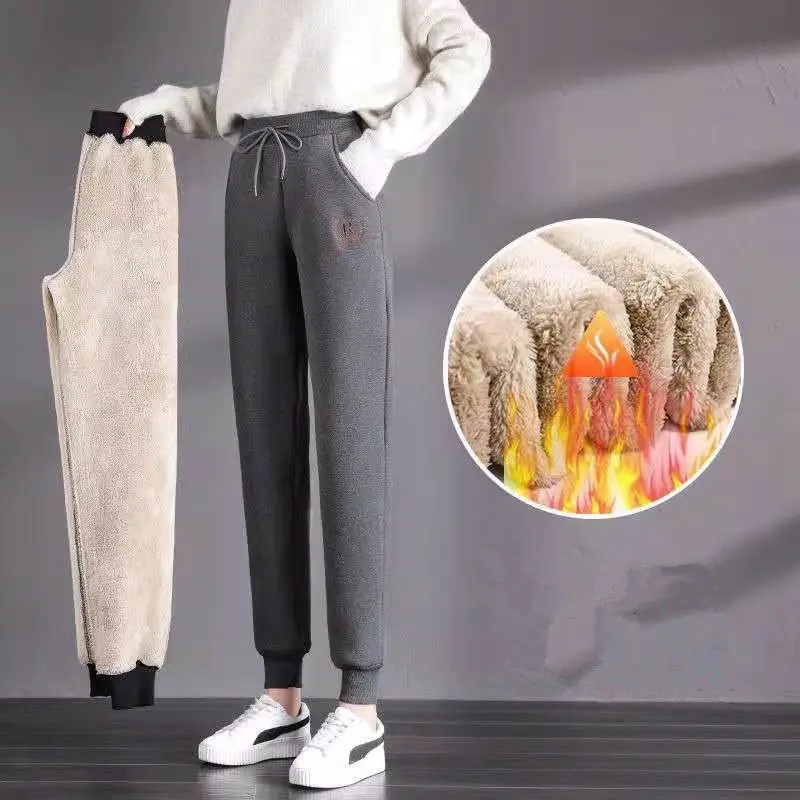 Top Trends: Women Plus Fleece Thicken Sweatpants Korean Fashion Autumn Winter Warm High Waist Lace-up Elastic Loose Casual Sports Trousers Shoppable Styles - Image 2