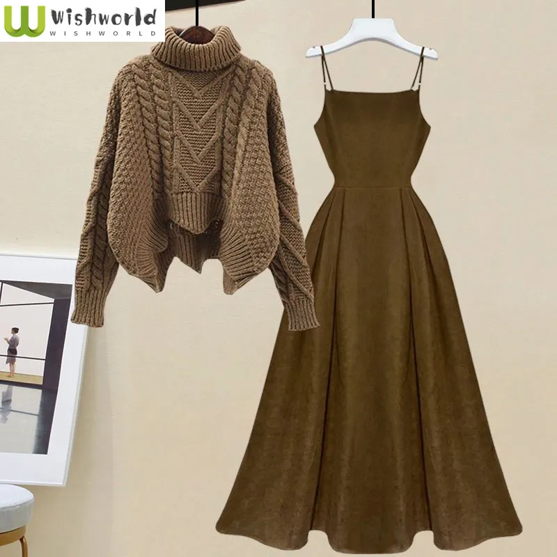 Top Trends: Spring And Autumn Set Women's 2023 New Waist Shrinking And Age Reducing Knitted Shirt Top Hanging Dress Two Piece Set Shoppable Styles