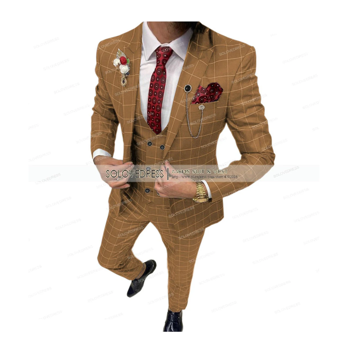 Top Trends: Brown Casual Men's Western Suit Fit Type 3 Pieces Double Breasted Breathable TR Plaid Thin Prom Dress Jacket Party Travel 5XL Shoppable Styles