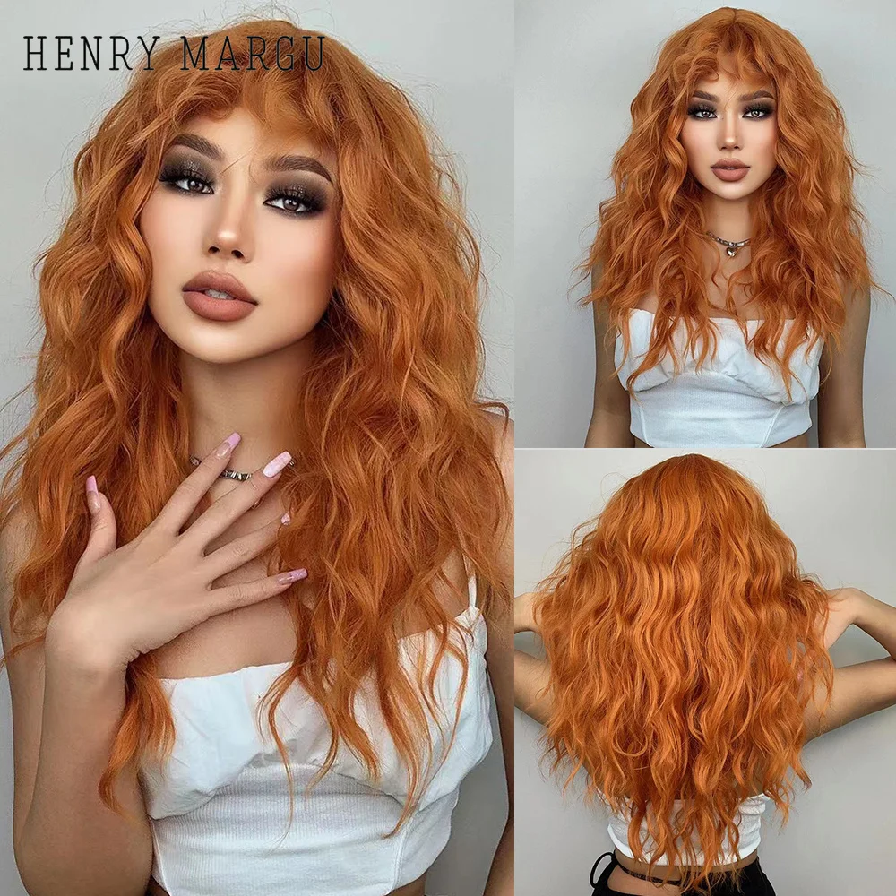 Top Trends: HENRY MARGU Red Ginger Copper Yellow Synthetic Wig For Women Long Curly Wave Wigs With Bangs Cosplay Party Heat Resistant Hair Shoppable Styles