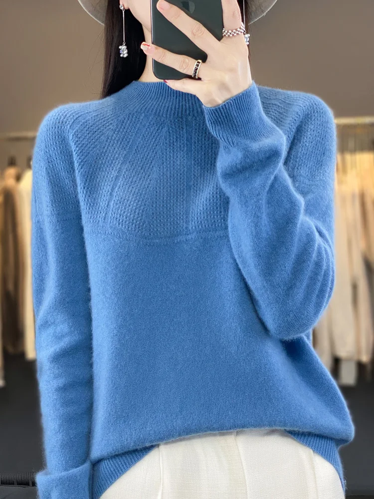 Top Trends: Women Sweater Autumn Winter Mock Neck Pullover 100% Merino Wool Hollow Basic Long Sleeve Cashmere Knitwear Korean Fashion Jumper Shoppable Styles