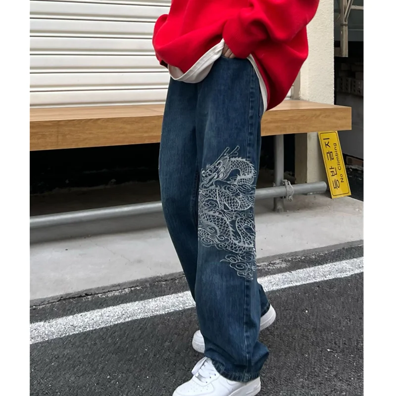 Top Trends: Retro Streetwear Dragon Embroidery Straight Baggy Pants Y2k Jeans Woman High Waist Harajuku Women's Jeans 2022 Trend Trousers Shoppable Styles