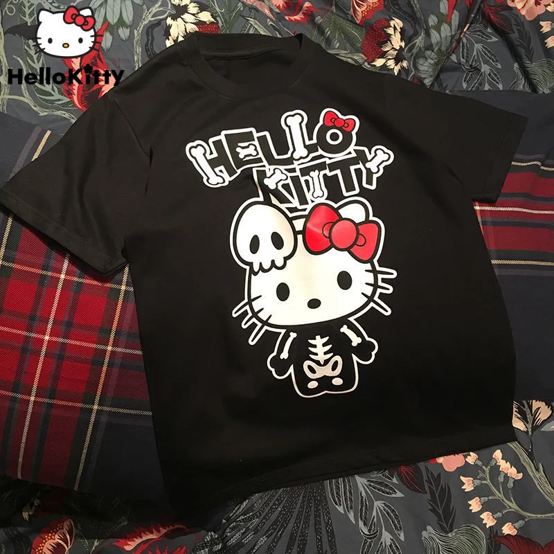 Top Trends: Sanrio Hello Kitty Halloween Design Black Tops Bone Printed Short Sleeve Tees Oversized T-shirts Women Men Summer Fashion Tshirt Shoppable Styles